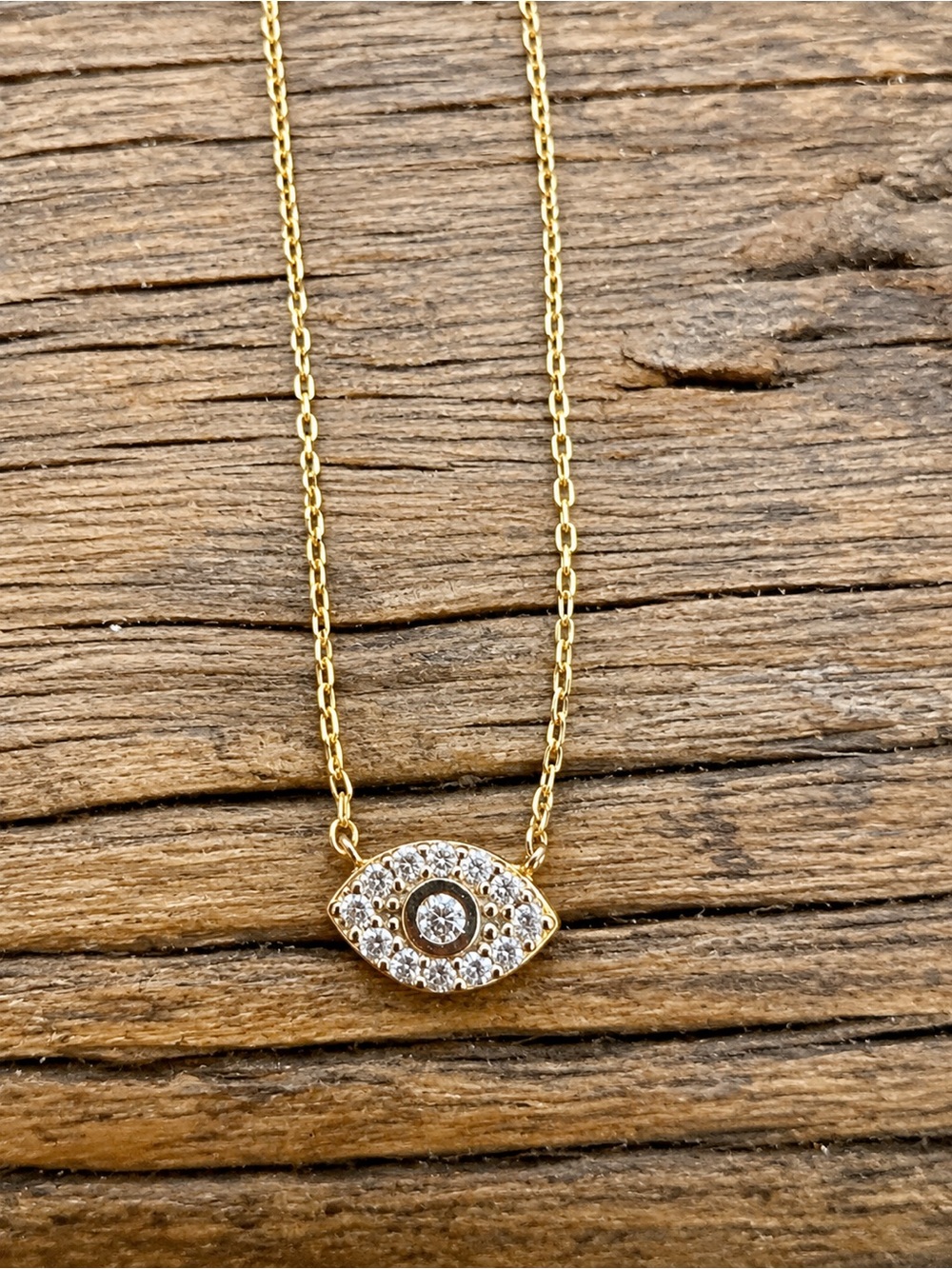 Gold and CZ Evil Eye Pendant Necklace adjustable, gold plated sterling silver